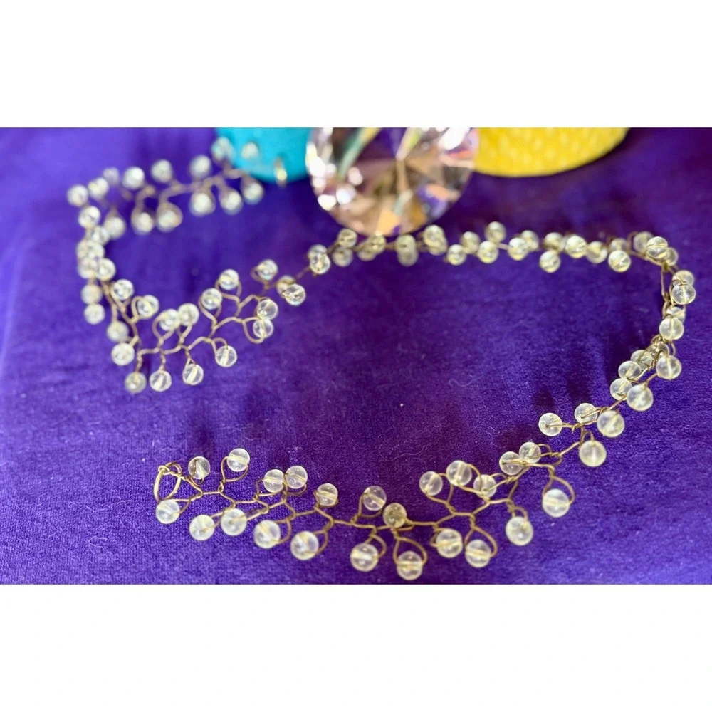 Vintage Clear Beaded Bridal Hair Vine Gold Tone Wire Wedding Headband 23 Inch